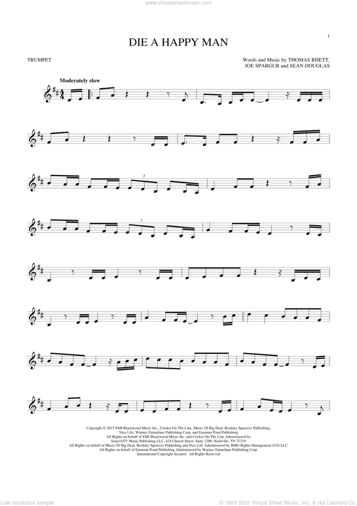 Die A Happy Man sheet music for trumpet solo by Thomas Rhett, Joe Spargur and Sean Douglas, intermediate skill level