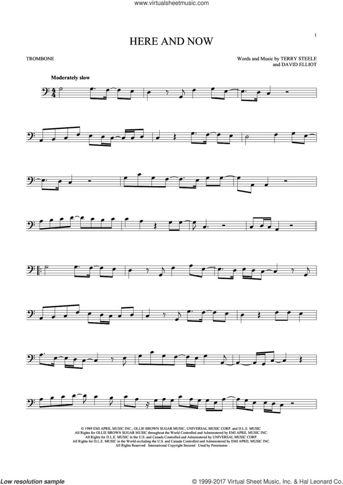 Here And Now sheet music for trombone solo by Luther Vandross, David Elliot and Terry Steele, wedding score, intermediate skill level