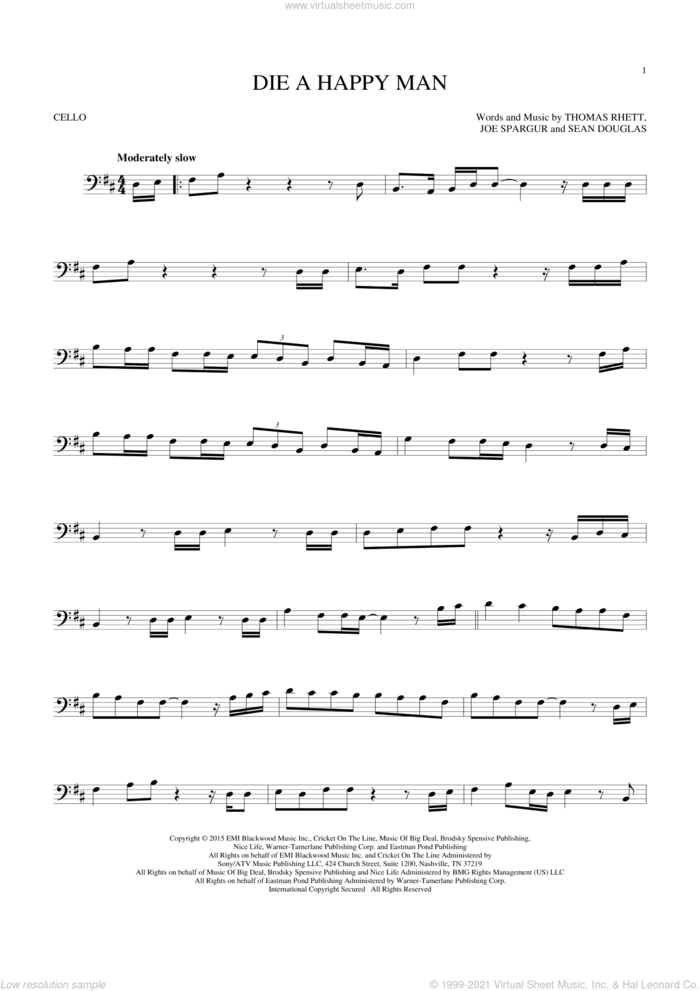 Die A Happy Man sheet music for cello solo by Thomas Rhett, Joe Spargur and Sean Douglas, intermediate skill level