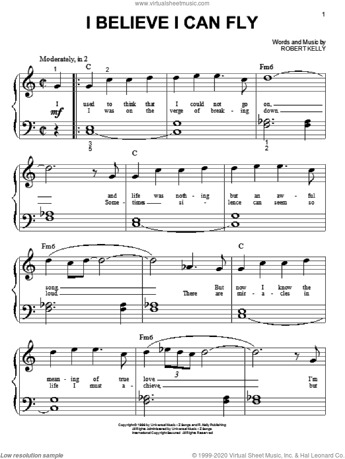 I Believe I Can Fly sheet music for piano solo (big note book) by Robert Kelly, easy piano (big note book)