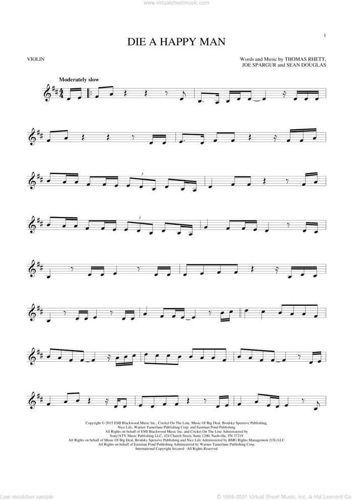Die A Happy Man sheet music for violin solo by Thomas Rhett, Joe Spargur and Sean Douglas, intermediate skill level