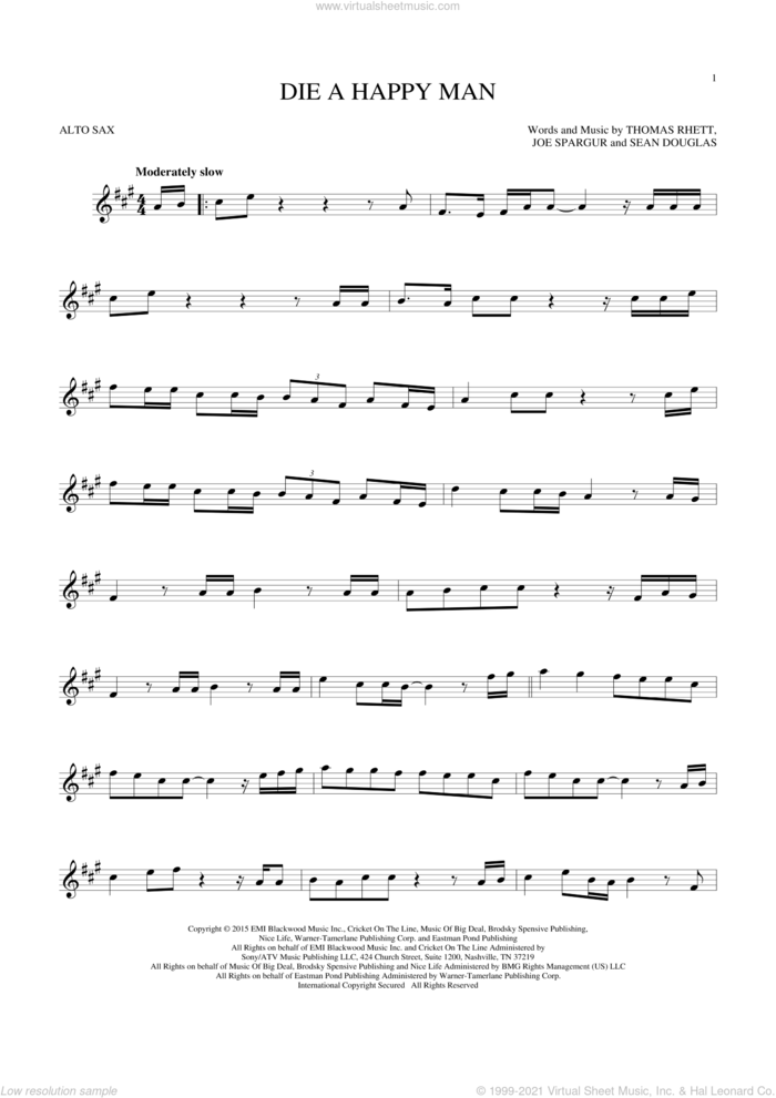 Die A Happy Man sheet music for alto saxophone solo by Thomas Rhett, Joe Spargur and Sean Douglas, intermediate skill level