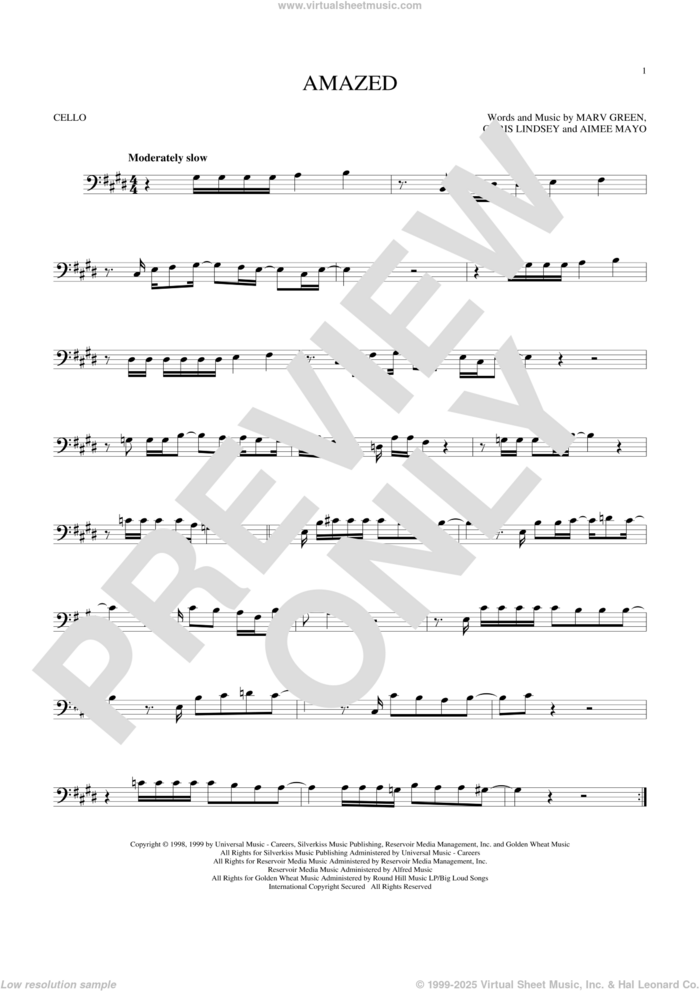 Amazed sheet music for cello solo by Lonestar, Aimee Mayo, Chris Lindsey and Marv Green, wedding score, intermediate skill level