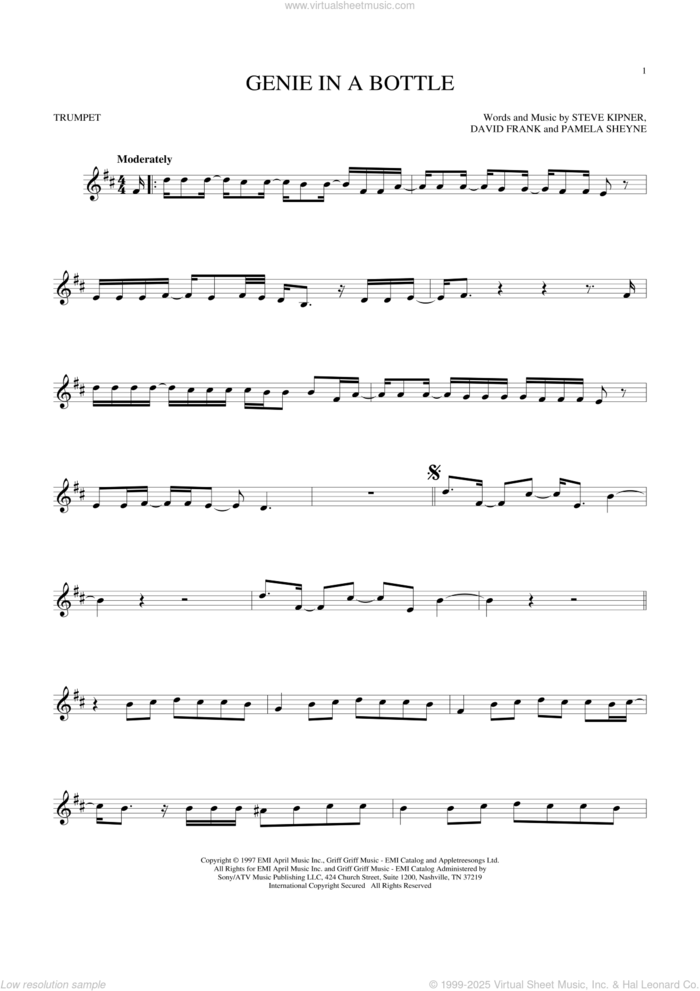 Genie In A Bottle sheet music for trumpet solo by Christina Aguilera, David Frank, Pam Sheyne and Steve Kipner, intermediate skill level