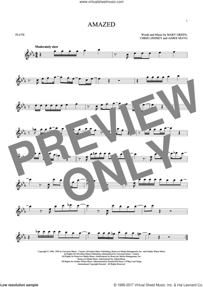 Amazed sheet music for flute solo by Lonestar, Aimee Mayo, Chris Lindsey and Marv Green, intermediate skill level