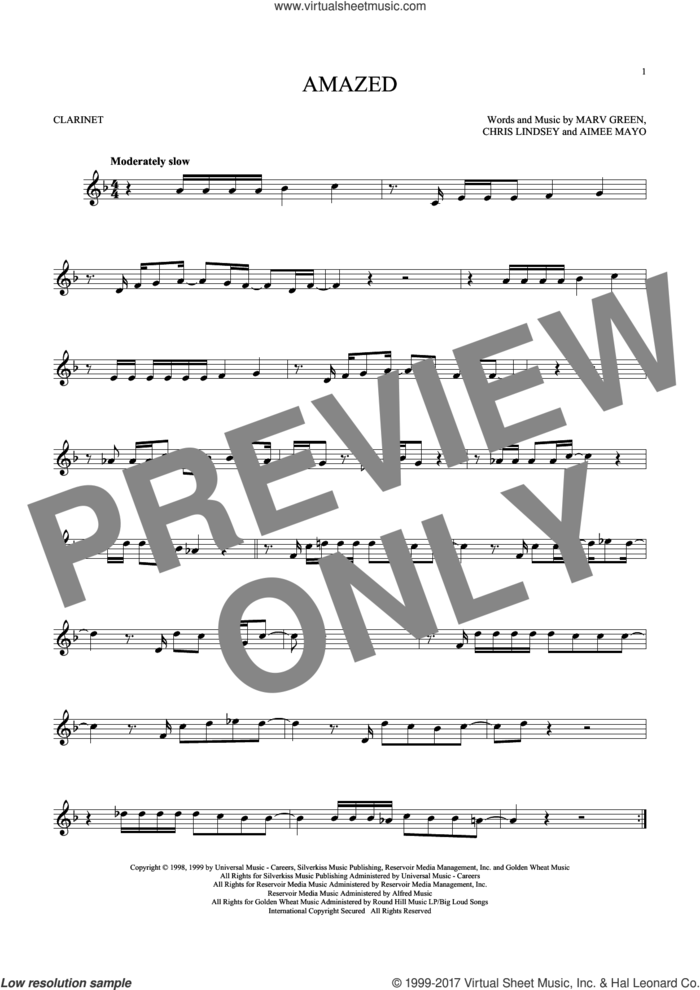 Amazed sheet music for clarinet solo by Lonestar, Aimee Mayo, Chris Lindsey and Marv Green, wedding score, intermediate skill level