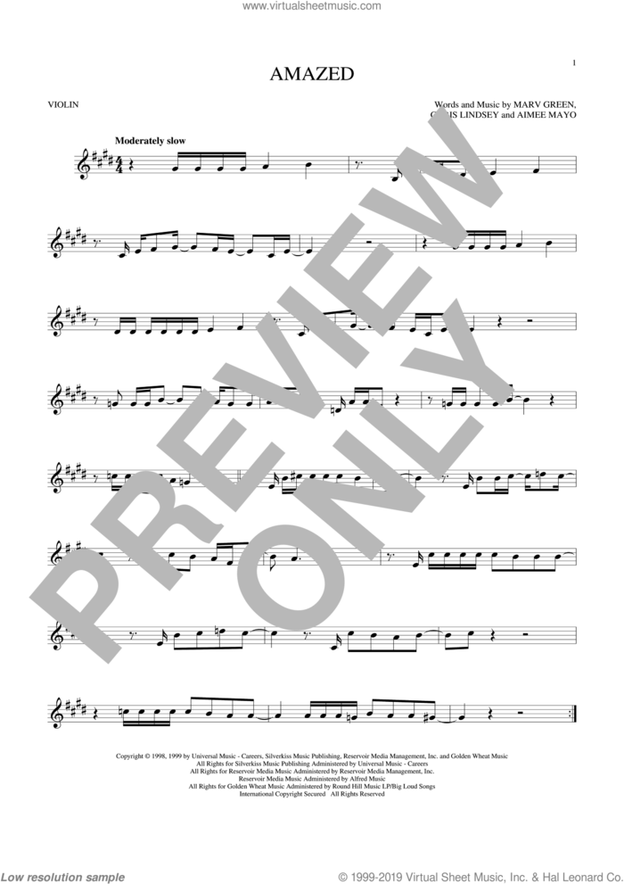 Amazed sheet music for violin solo by Lonestar, Aimee Mayo, Chris Lindsey and Marv Green, wedding score, intermediate skill level