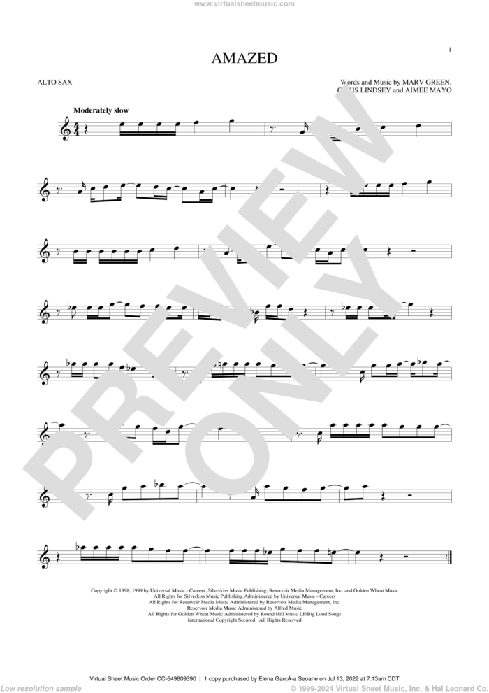 Amazed sheet music for alto saxophone solo by Lonestar, Aimee Mayo, Chris Lindsey and Marv Green, wedding score, intermediate skill level