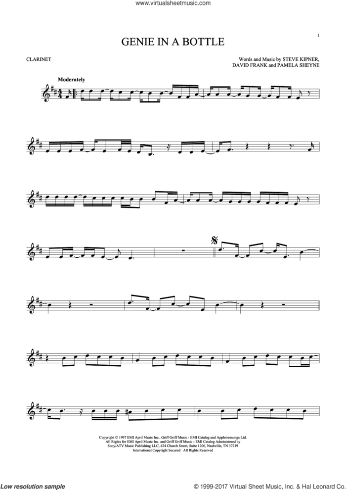 Genie In A Bottle sheet music for clarinet solo by Christina Aguilera, David Frank, Pam Sheyne and Steve Kipner, intermediate skill level