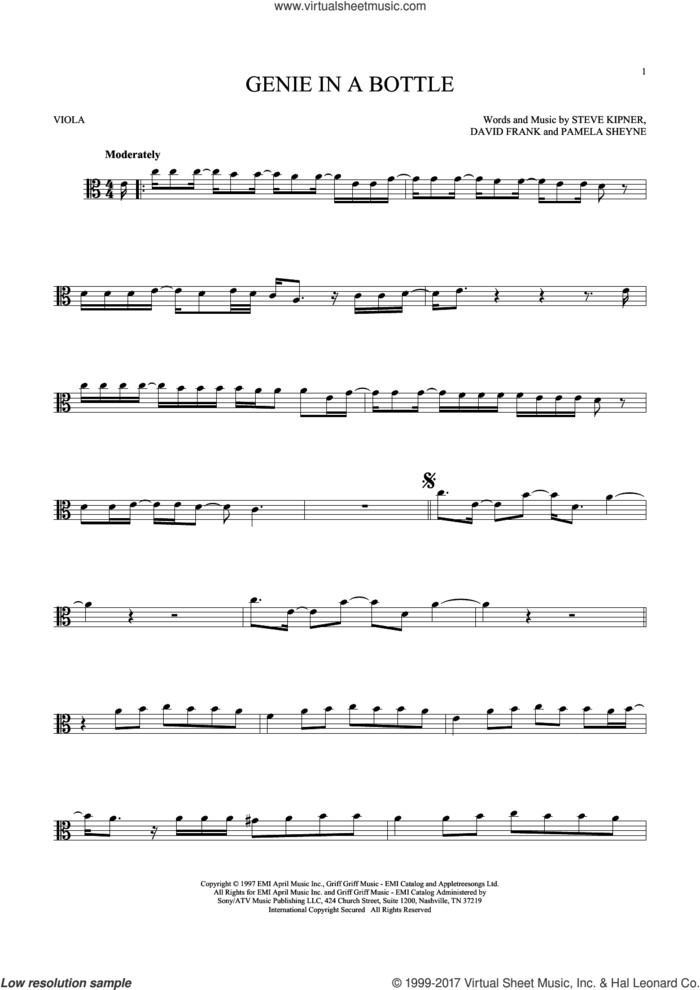 Genie In A Bottle sheet music for viola solo by Christina Aguilera, David Frank, Pam Sheyne and Steve Kipner, intermediate skill level