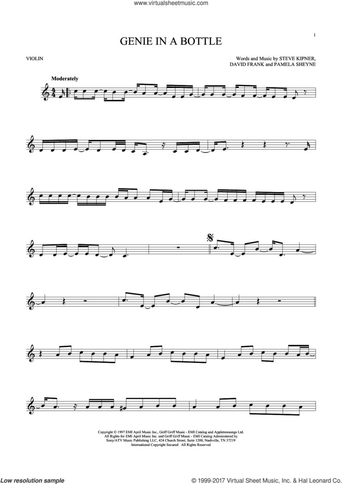 Genie In A Bottle sheet music for violin solo by Christina Aguilera, David Frank, Pam Sheyne and Steve Kipner, intermediate skill level
