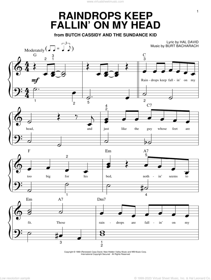 Raindrops Keep Fallin' On My Head sheet music for piano solo (big note book) by B.J. Thomas, Bacharach & David, Burt Bacharach and Hal David, easy piano (big note book)