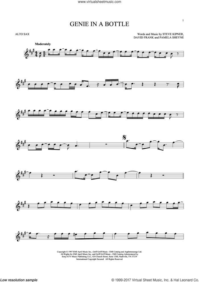 Genie In A Bottle sheet music for alto saxophone solo by Christina Aguilera, David Frank, Pam Sheyne and Steve Kipner, intermediate skill level