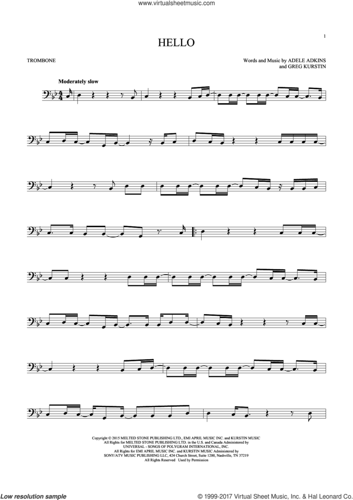 Hello sheet music for trombone solo by Adele, Adele Adkins and Greg Kurstin, intermediate skill level