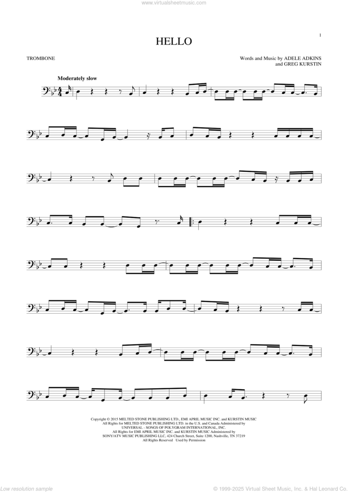 Hello sheet music for trombone solo by Adele, Adele Adkins and Greg Kurstin, intermediate skill level