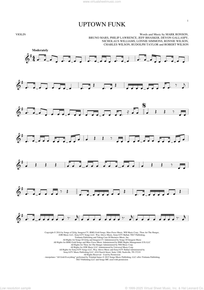 Uptown Funk (feat. Bruno Mars) sheet music for violin solo by Mark Ronson, Mark Ronson ft. Bruno Mars, Bruno Mars, Charles Wilson, Devon Gallaspy, Jeff Bhasker, Lonnie Simmons, Nicholaus Williams, Philip Lawrence, Robert Wilson, Ronnie Wilson and Rudolph Taylor, intermediate skill level