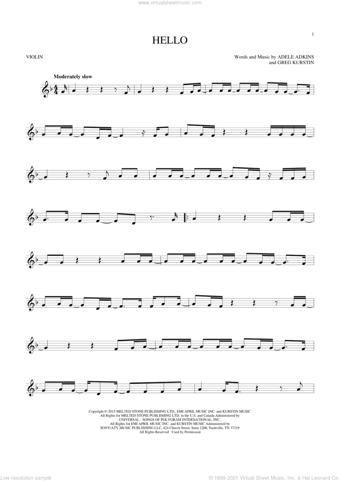 Hello sheet music for violin solo by Adele, Adele Adkins and Greg Kurstin, intermediate skill level