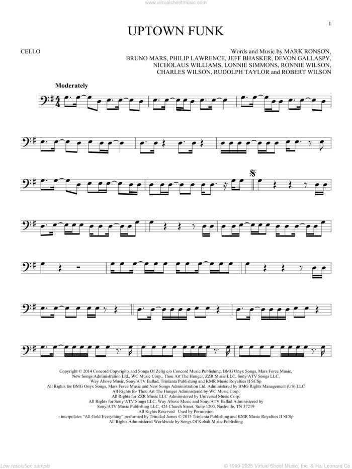 Uptown Funk (feat. Bruno Mars) sheet music for cello solo by Mark Ronson, Mark Ronson ft. Bruno Mars, Bruno Mars, Charles Wilson, Devon Gallaspy, Jeff Bhasker, Lonnie Simmons, Nicholaus Williams, Philip Lawrence, Robert Wilson, Ronnie Wilson and Rudolph Taylor, intermediate skill level