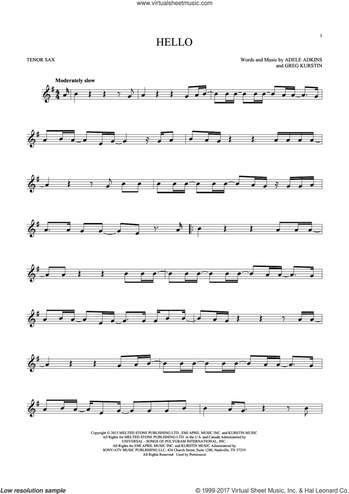 Hello sheet music for tenor saxophone solo by Adele, Adele Adkins and Greg Kurstin, intermediate skill level