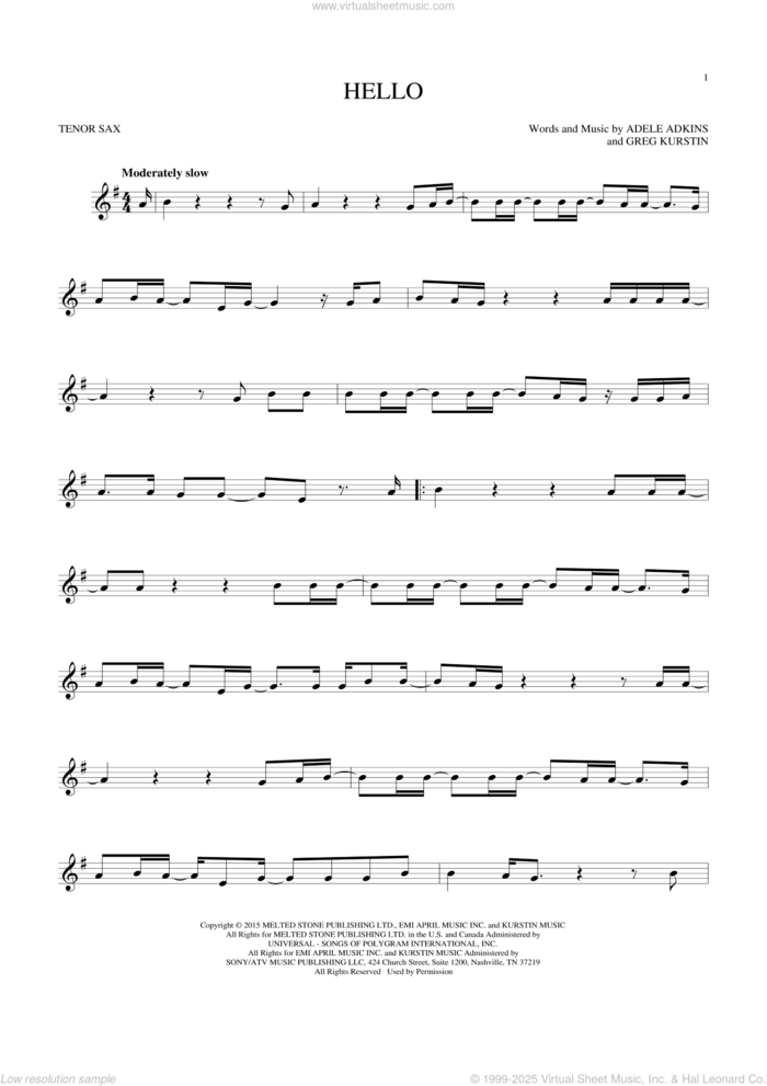 Hello sheet music for tenor saxophone solo by Adele, Adele Adkins and Greg Kurstin, intermediate skill level