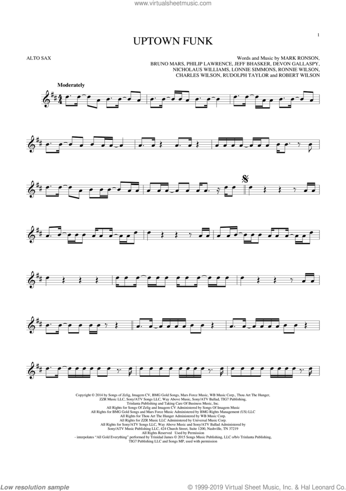 Uptown Funk (feat. Bruno Mars) sheet music for alto saxophone solo by Mark Ronson, Mark Ronson ft. Bruno Mars, Bruno Mars, Charles Wilson, Devon Gallaspy, Jeff Bhasker, Lonnie Simmons, Nicholaus Williams, Philip Lawrence, Robert Wilson, Ronnie Wilson and Rudolph Taylor, intermediate skill level