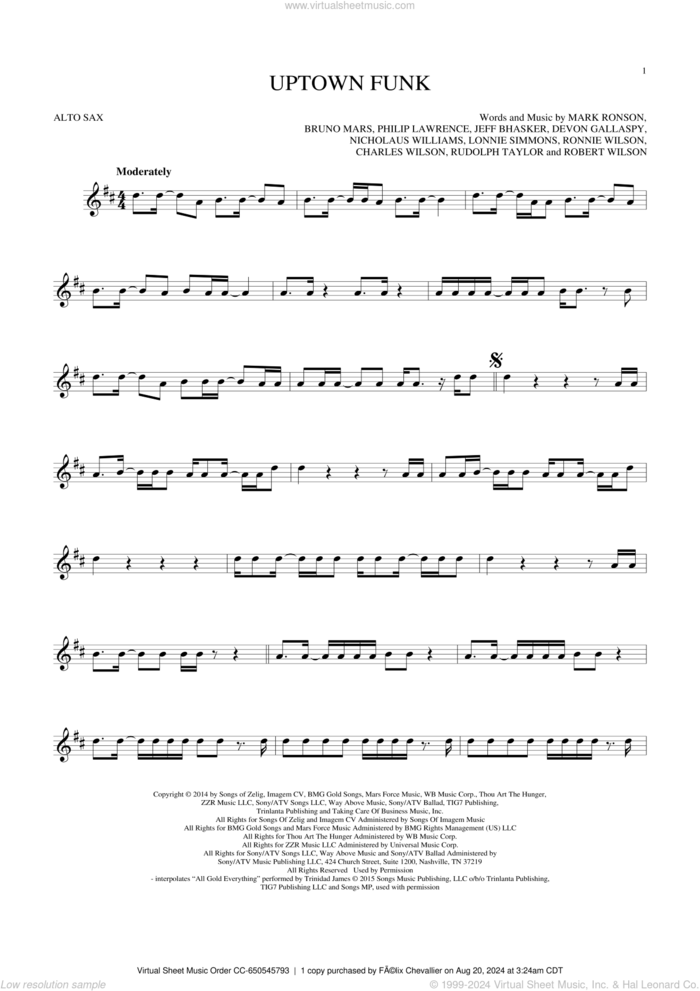 Uptown Funk (feat. Bruno Mars) sheet music for alto saxophone solo by Mark Ronson, Mark Ronson ft. Bruno Mars, Bruno Mars, Charles Wilson, Devon Gallaspy, Jeff Bhasker, Lonnie Simmons, Nicholaus Williams, Philip Lawrence, Robert Wilson, Ronnie Wilson and Rudolph Taylor, intermediate skill level