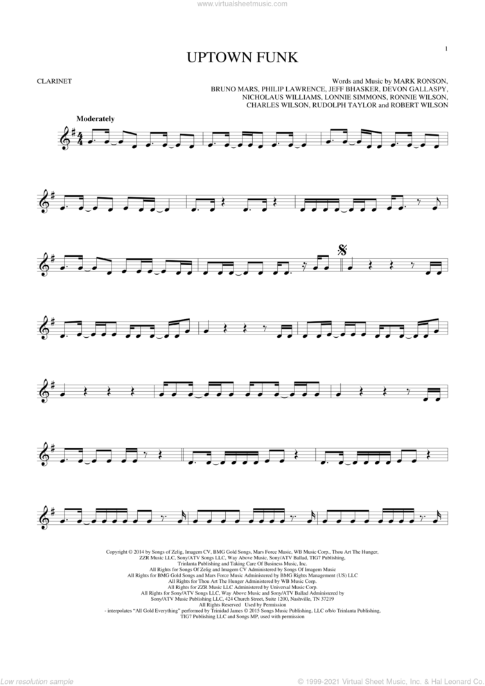 Uptown Funk (feat. Bruno Mars) sheet music for clarinet solo by Mark Ronson, Mark Ronson ft. Bruno Mars, Bruno Mars, Charles Wilson, Devon Gallaspy, Jeff Bhasker, Lonnie Simmons, Nicholaus Williams, Philip Lawrence, Robert Wilson, Ronnie Wilson and Rudolph Taylor, intermediate skill level