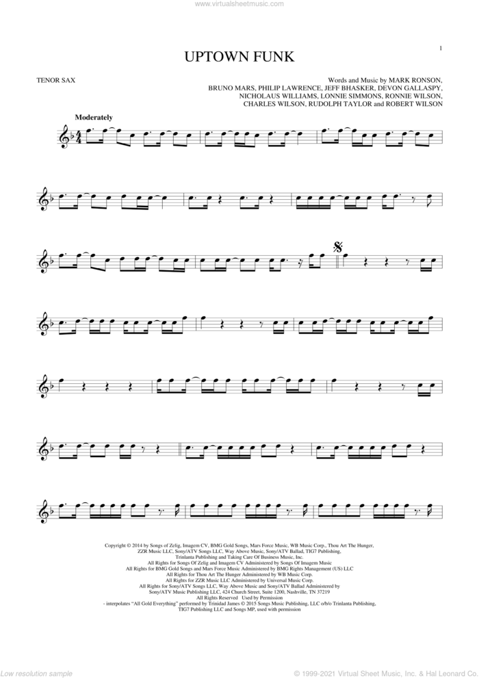 Uptown Funk (feat. Bruno Mars) sheet music for tenor saxophone solo by Mark Ronson, Mark Ronson ft. Bruno Mars, Bruno Mars, Charles Wilson, Devon Gallaspy, Jeff Bhasker, Lonnie Simmons, Nicholaus Williams, Philip Lawrence, Robert Wilson, Ronnie Wilson and Rudolph Taylor, intermediate skill level