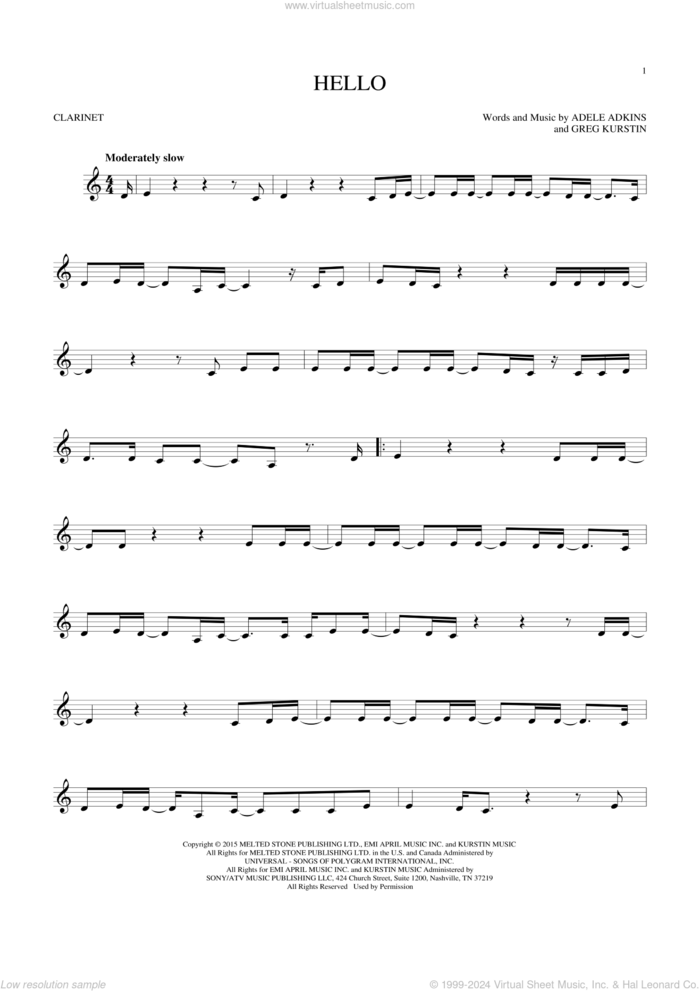 Hello sheet music for clarinet solo by Adele, Adele Adkins and Greg Kurstin, intermediate skill level