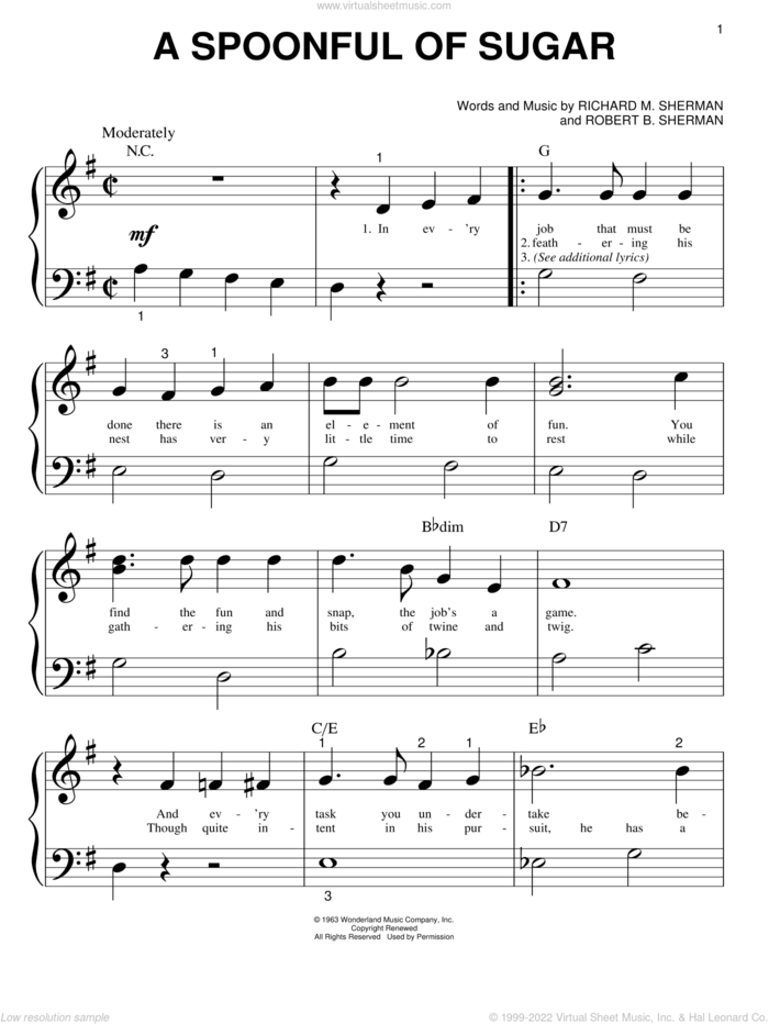 A Spoonful Of Sugar (from Mary Poppins) sheet music for piano solo (big note book) by Julie Andrews, Mary Poppins (Movie), Sherman Brothers, Richard M. Sherman and Robert B. Sherman, easy piano (big note book)