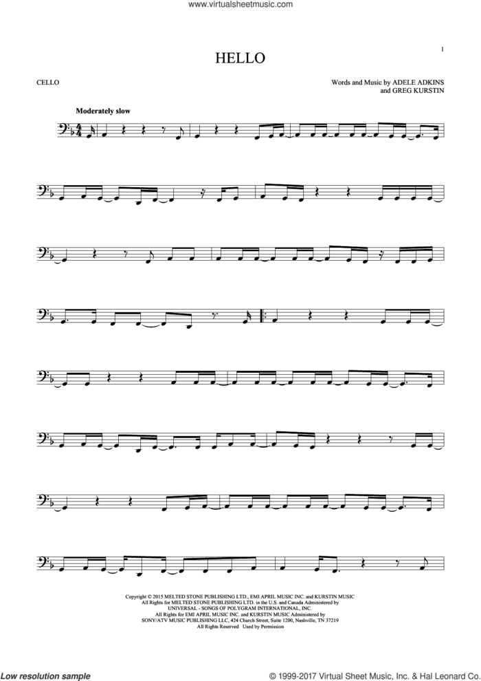 Hello sheet music for cello solo by Adele, Adele Adkins and Greg Kurstin, intermediate skill level