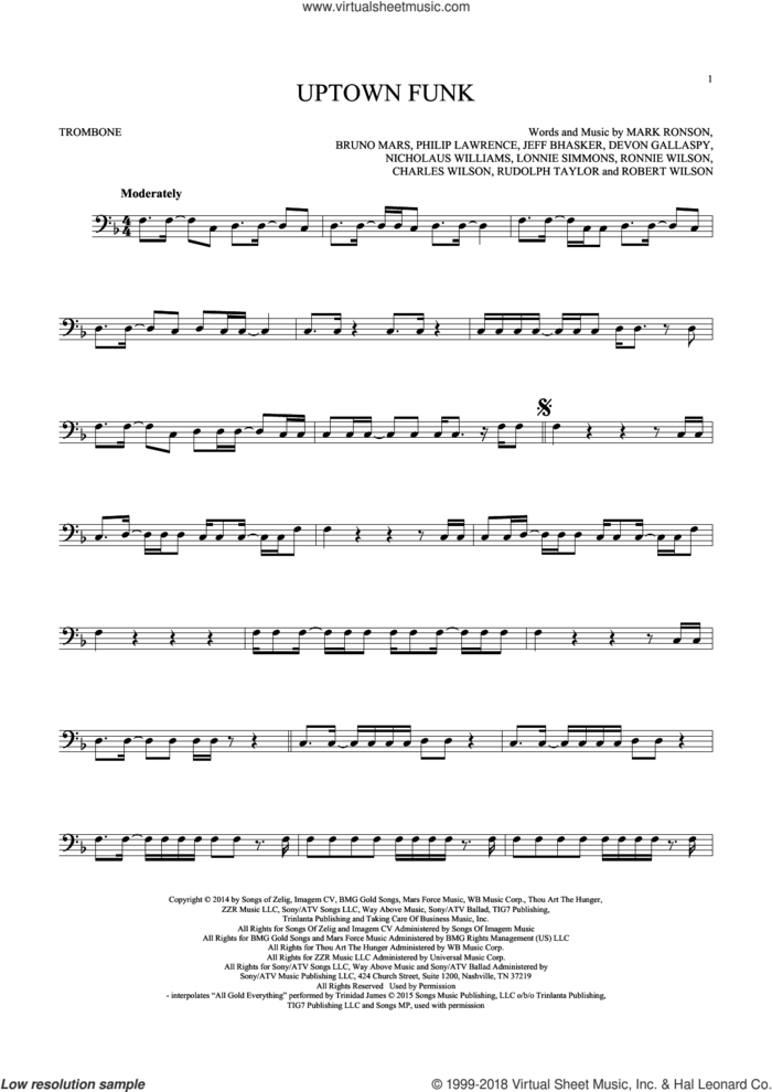 Uptown Funk (feat. Bruno Mars) sheet music for trombone solo by Mark Ronson, Mark Ronson ft. Bruno Mars, Bruno Mars, Charles Wilson, Devon Gallaspy, Jeff Bhasker, Lonnie Simmons, Nicholaus Williams, Philip Lawrence, Robert Wilson, Ronnie Wilson and Rudolph Taylor, intermediate skill level