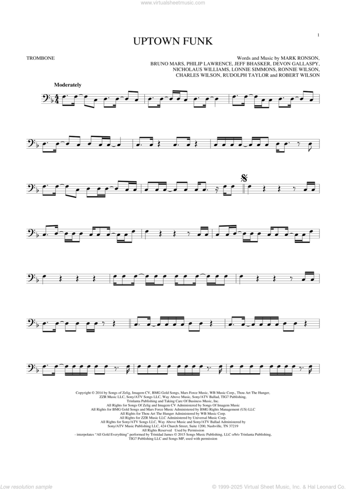 Uptown Funk (feat. Bruno Mars) sheet music for trombone solo by Mark Ronson, Mark Ronson ft. Bruno Mars, Bruno Mars, Charles Wilson, Devon Gallaspy, Jeff Bhasker, Lonnie Simmons, Nicholaus Williams, Philip Lawrence, Robert Wilson, Ronnie Wilson and Rudolph Taylor, intermediate skill level