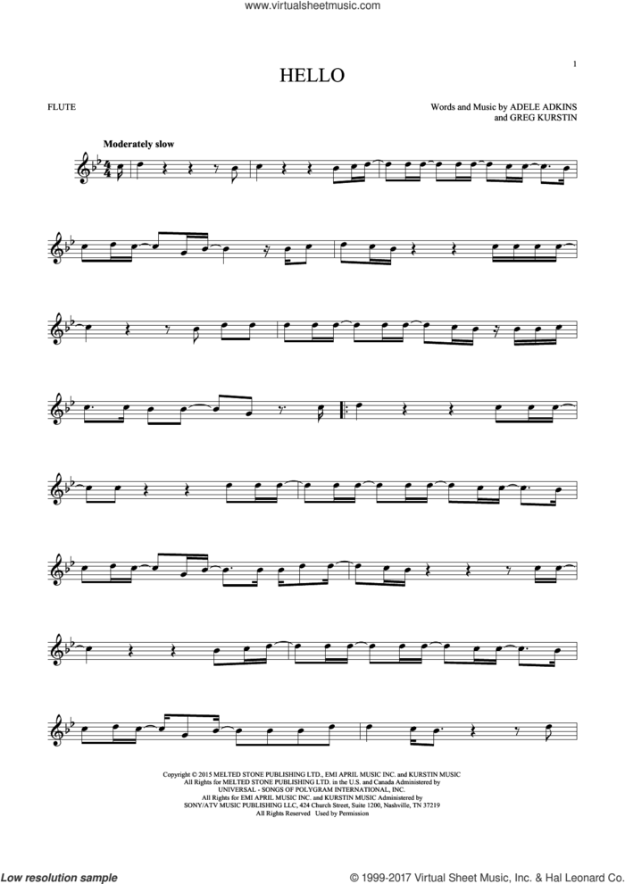 Hello sheet music for flute solo by Adele, Adele Adkins and Greg Kurstin, intermediate skill level