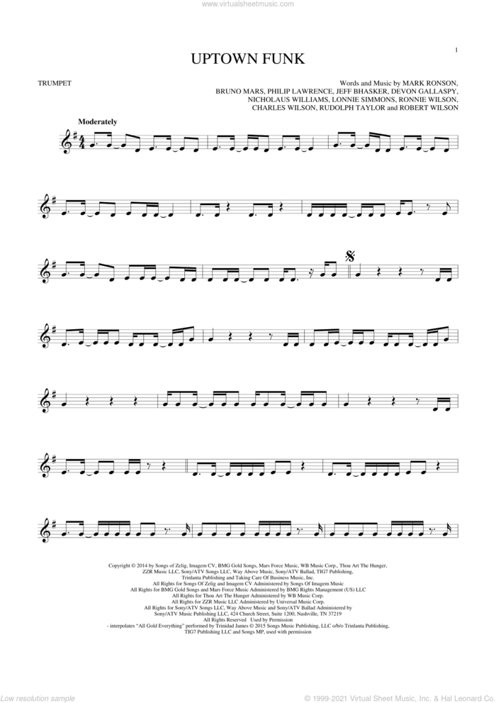 Uptown Funk (feat. Bruno Mars) sheet music for trumpet solo by Mark Ronson, Mark Ronson ft. Bruno Mars, Bruno Mars, Charles Wilson, Devon Gallaspy, Jeff Bhasker, Lonnie Simmons, Nicholaus Williams, Philip Lawrence, Robert Wilson, Ronnie Wilson and Rudolph Taylor, intermediate skill level