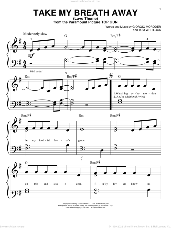 Take My Breath Away (Love Theme) sheet music for piano solo (big note book) by Giorgio Moroder, Irving Berlin, Jessica Simpson and Tom Whitlock, easy piano (big note book)