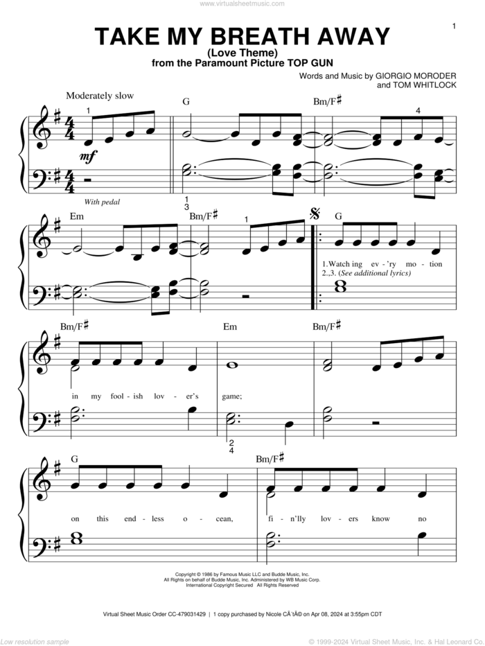 Take My Breath Away (Love Theme) sheet music for piano solo (big note book) by Giorgio Moroder, Irving Berlin, Jessica Simpson and Tom Whitlock, easy piano (big note book)