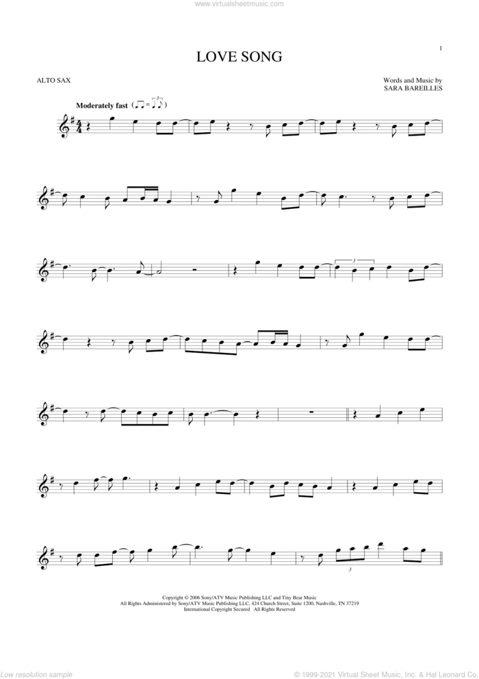Love Song sheet music for alto saxophone solo by Sara Bareilles, intermediate skill level