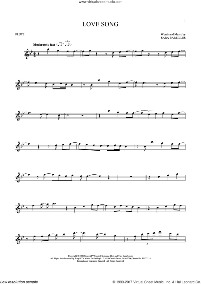 Love Song sheet music for flute solo by Sara Bareilles, intermediate skill level