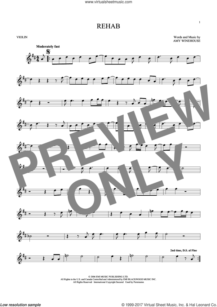 Rehab sheet music for violin solo by Amy Winehouse, intermediate skill level
