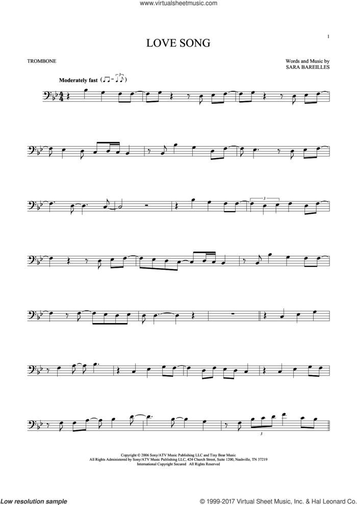 Love Song sheet music for trombone solo by Sara Bareilles, intermediate skill level