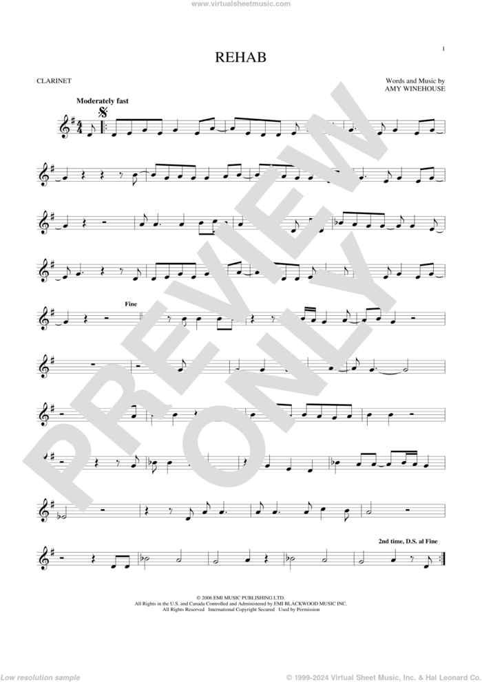 Rehab sheet music for clarinet solo by Amy Winehouse, intermediate skill level