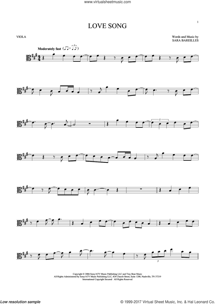 Love Song sheet music for viola solo by Sara Bareilles, intermediate skill level