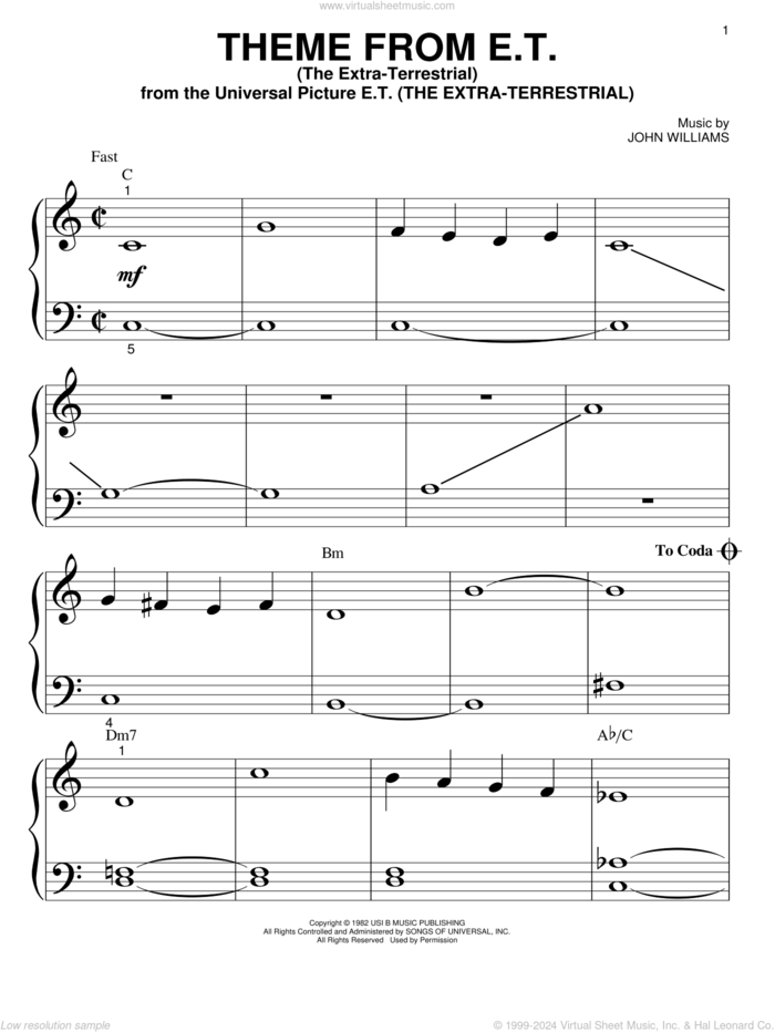 Theme from E.T. (The Extra-Terrestrial) sheet music for piano solo (big note book) by John Williams, easy piano (big note book)