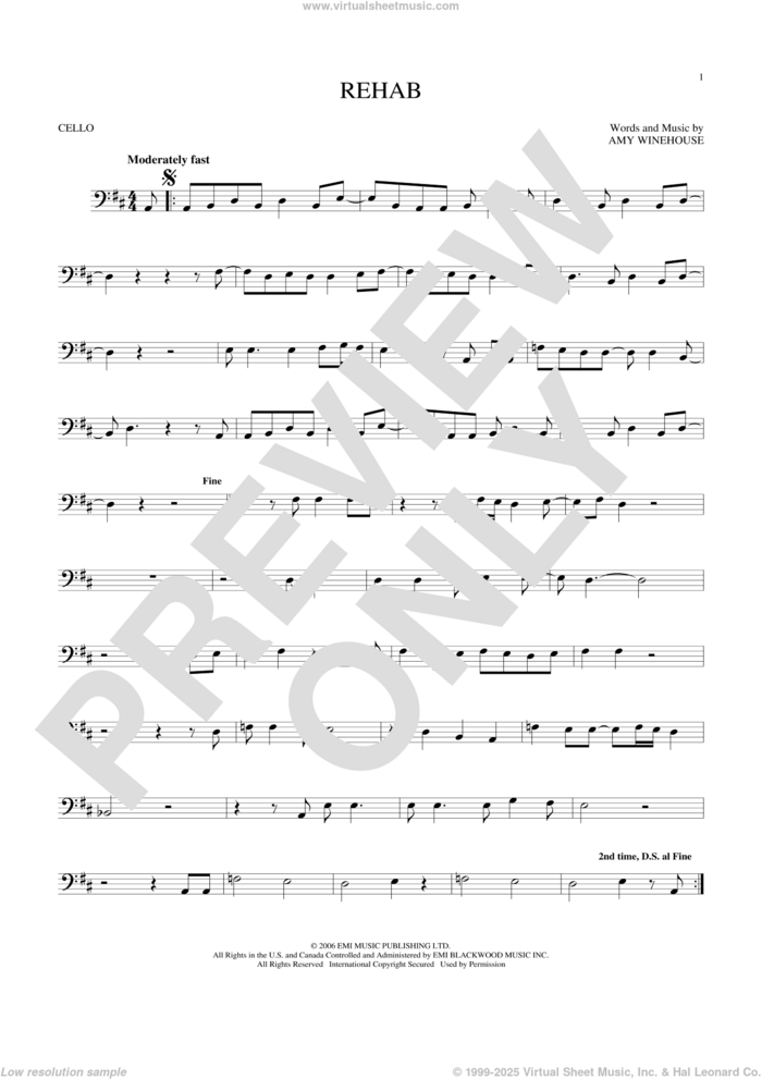 Rehab sheet music for cello solo by Amy Winehouse, intermediate skill level