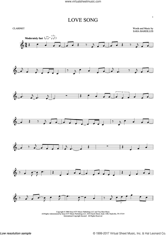 Love Song sheet music for clarinet solo by Sara Bareilles, intermediate skill level