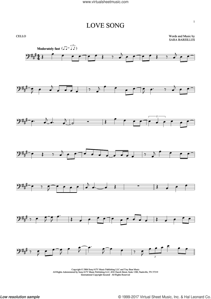 Love Song sheet music for cello solo by Sara Bareilles, intermediate skill level