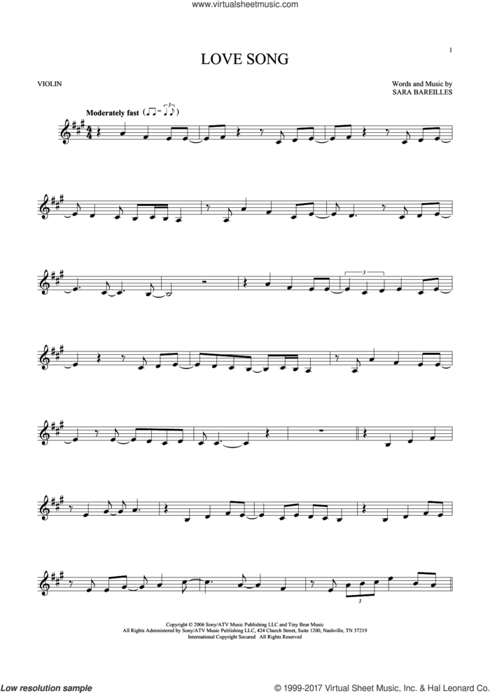 Love Song sheet music for violin solo by Sara Bareilles, intermediate skill level