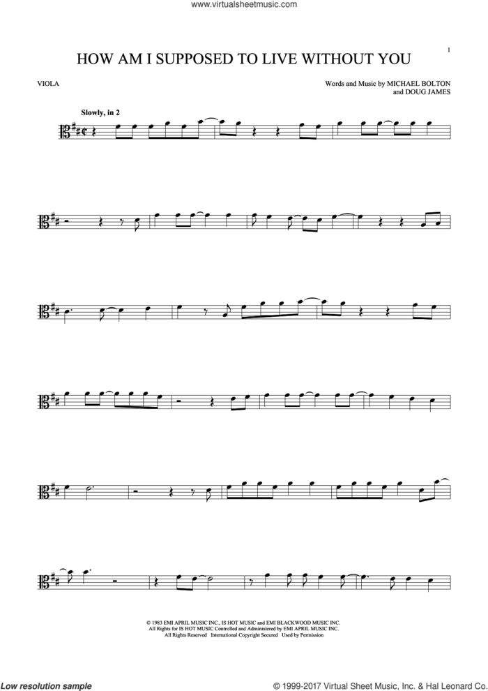 How Am I Supposed To Live Without You sheet music for viola solo by Michael Bolton and Doug James, intermediate skill level