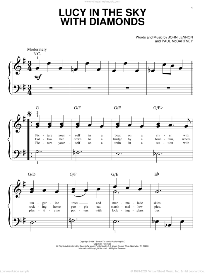 Lucy In The Sky With Diamonds sheet music for piano solo (big note book) by The Beatles, John Lennon and Paul McCartney, easy piano (big note book)